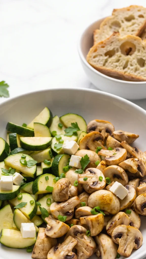 Warmer Keto Zucchini-Champignon-Salat serviert mit Keto-Knoblauchbrot — warmes Abendessen