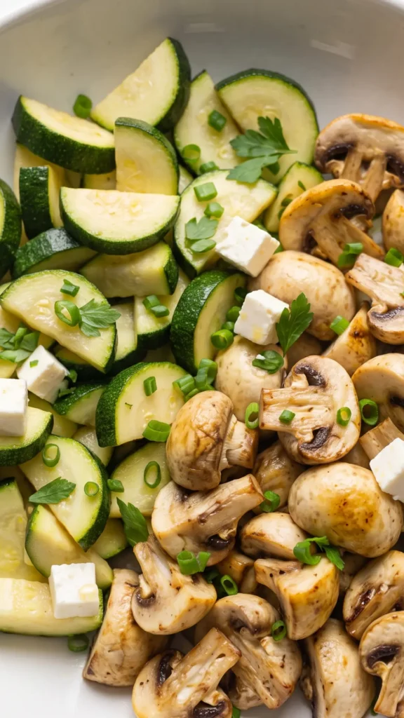 Nahaufnahme von Warmem Keto Zucchini-Champignon-Salat — Röstaromen und Fetawürfel