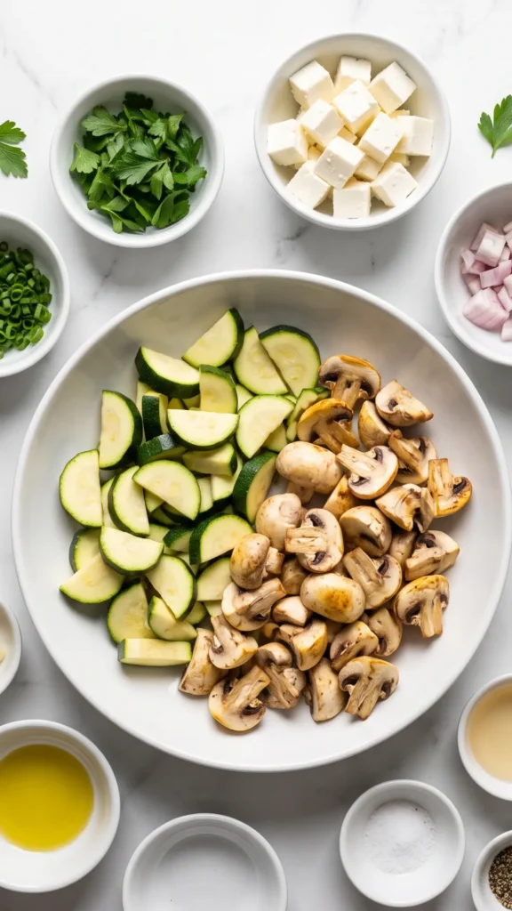 Zutaten für Warmer Keto Zucchini-Champignon-Salat: Zucchini, Champignons, Feta, Petersilie und Schnittlauch