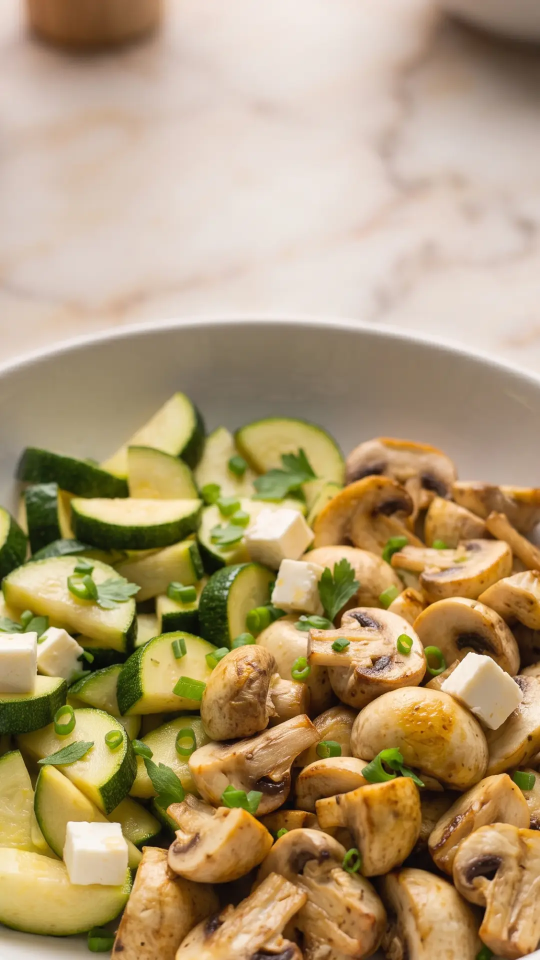 Warmer Keto Zucchini-Champignon-Salat mit Feta — herzhaftes Low-Carb Pilzgericht