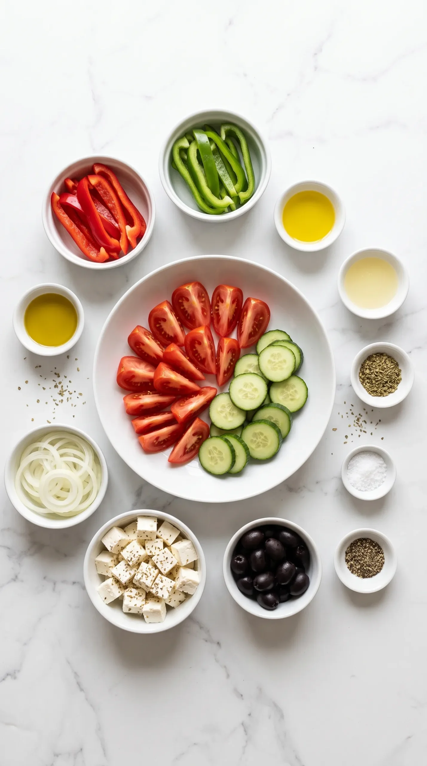 Zutaten für Griechischen Bauernsalat: Tomaten, Gurke, Paprika, Zwiebeln, Feta und Oliven