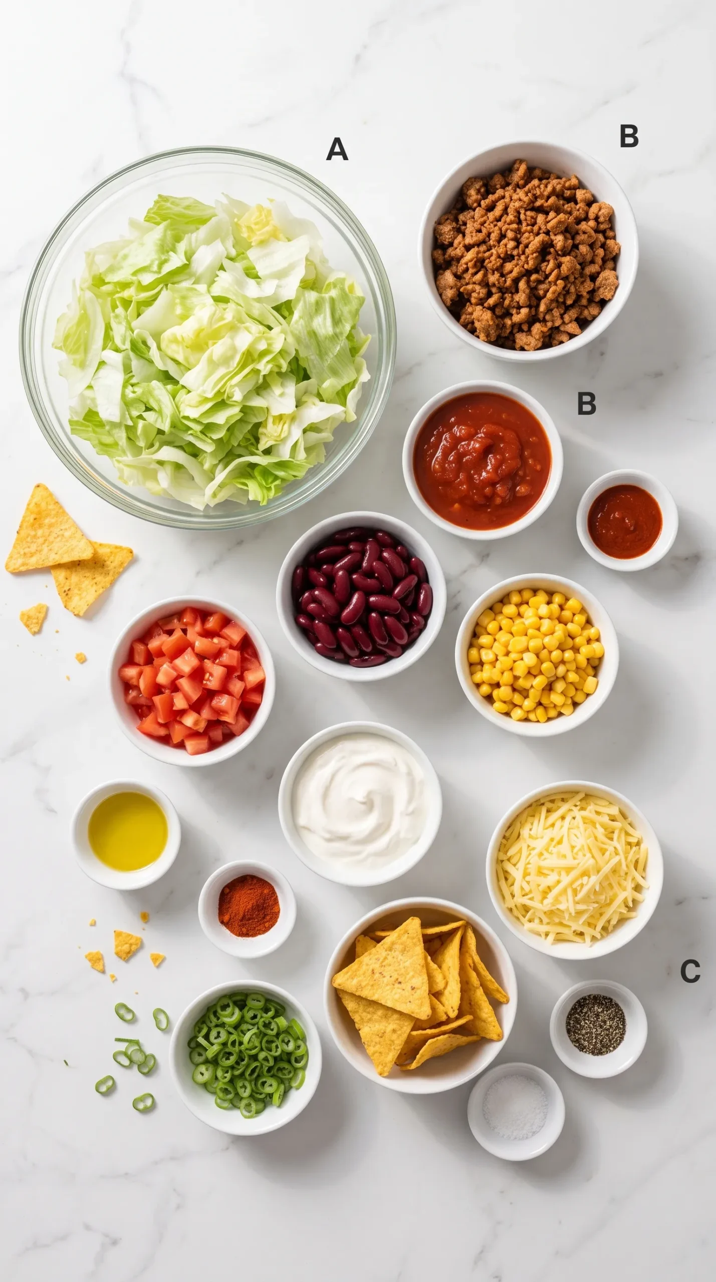 Zutaten für Klassischen Schicht-Taco-Salat: Eisbergsalat, Hackfleisch, Salsa, Mais, Schmand und Tacochips