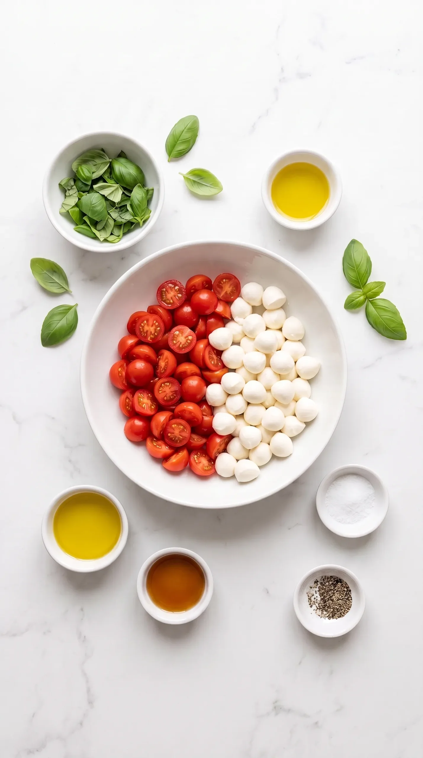 Zutaten für Tomate-Mozzarella-Salat: Mini-Tomaten, Mini-Mozzarella, Basilikum und Olivenöl