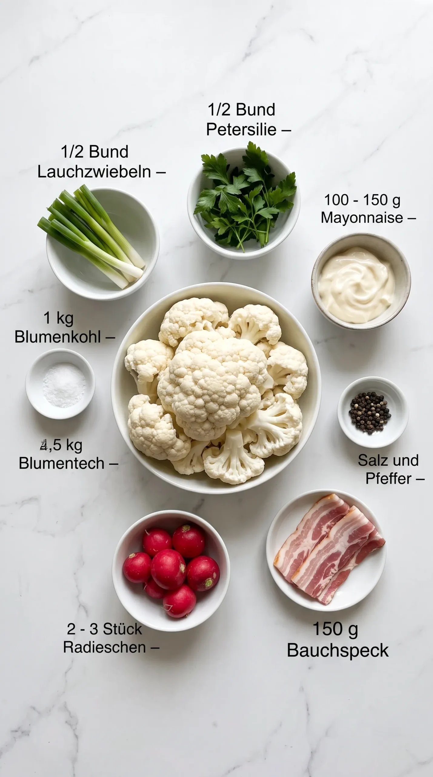 Zutaten für Blumenkohlsalat: Blumenkohl, Mayonnaise, Bauchspeck