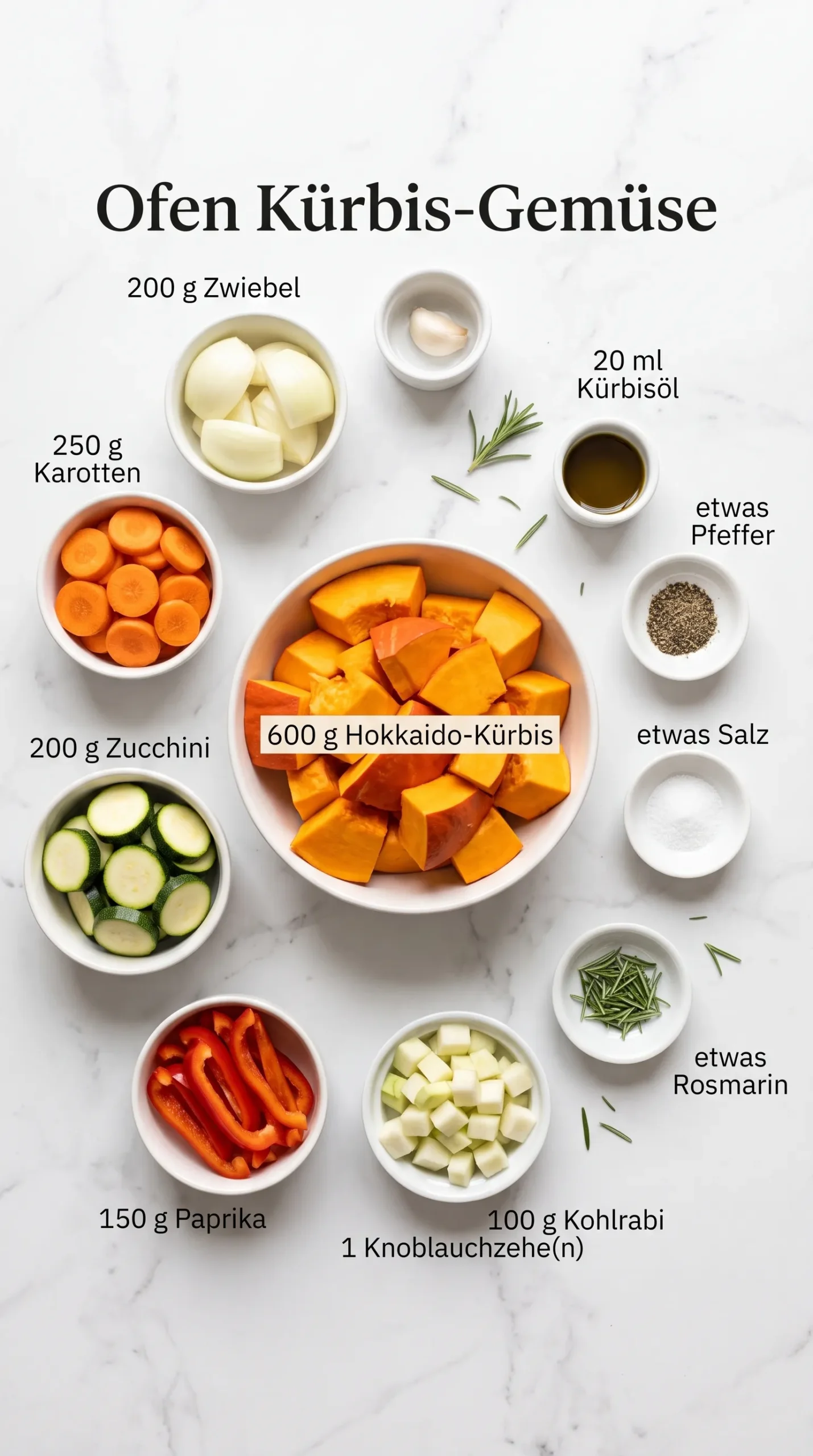 Zutaten für Ofen Kürbis-Gemüse: Hokkaido-Kürbis, Karotten, Zucchini, Paprika