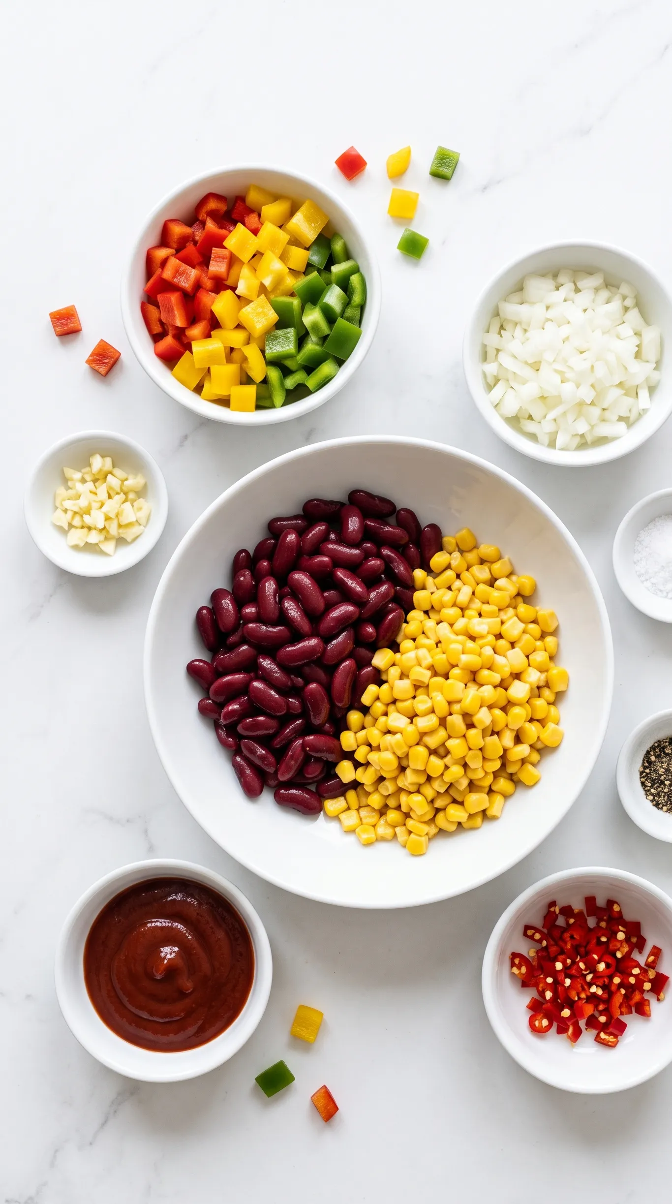 Zutaten für Bohnen-Mais-Salat: Kidneybohnen, Mais, bunte Paprika, Zwiebel und Ketchup