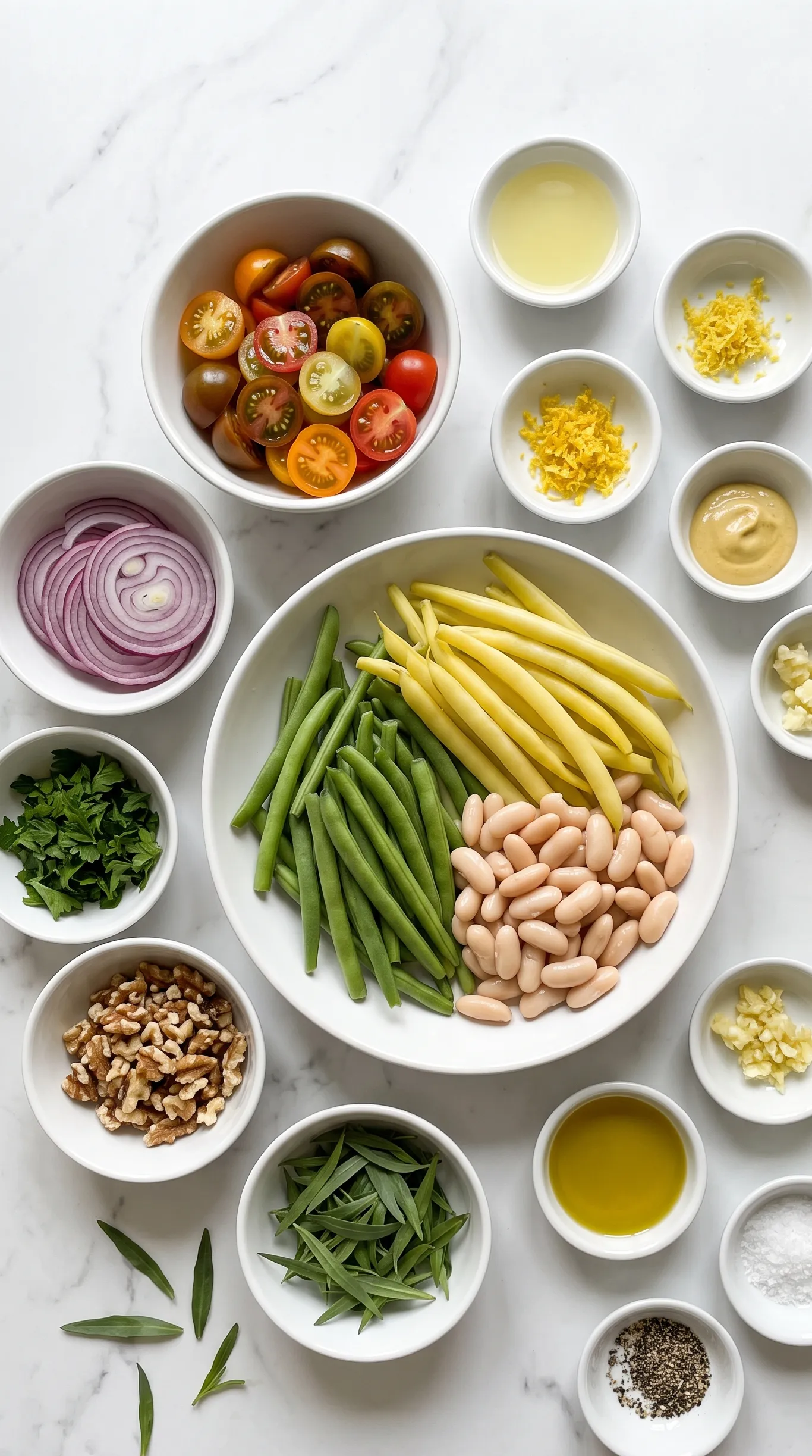 Zutaten für Bunten Bohnensalat mit Estragon: Grüne Bohnen, Wachsbohnen, Tomaten, Zwiebeln und Walnüsse
