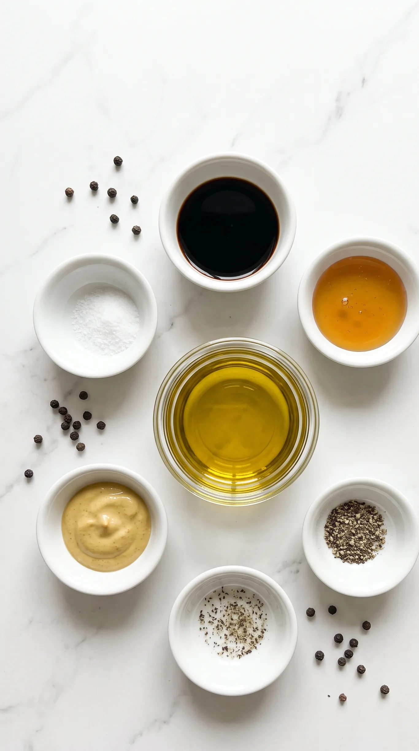 Zutaten für Keto Honig-Senf-Dressing: Olivenöl, Balsamico, Honig-Alternative und Senf