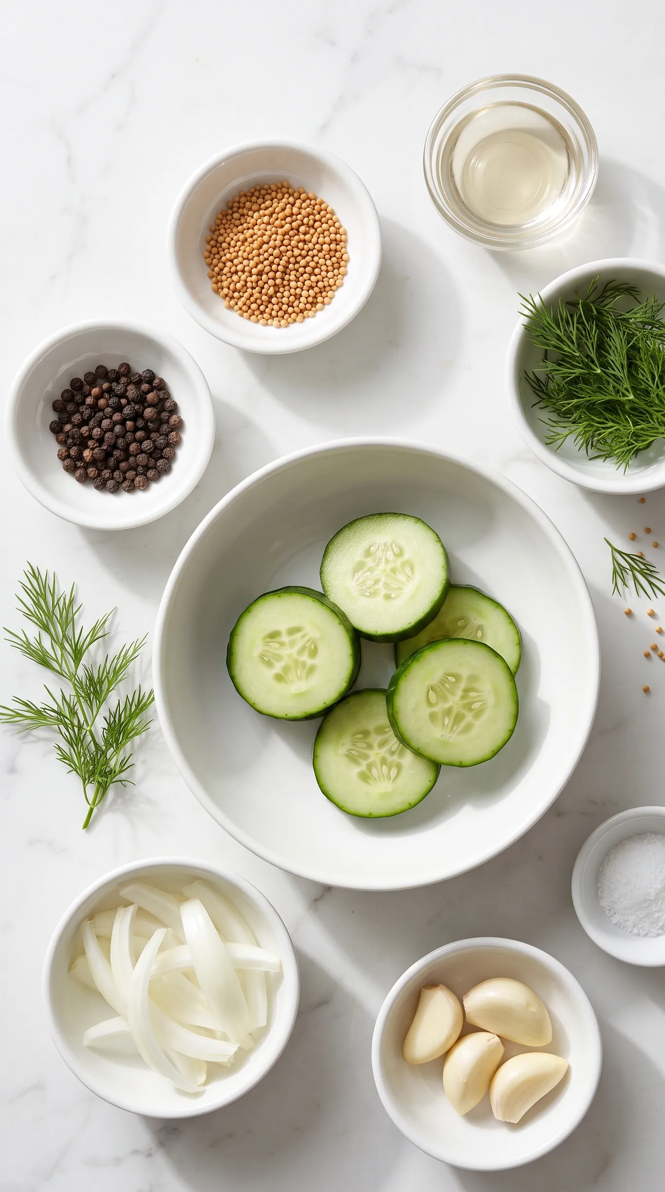 Zutaten für Essiggurken ohne Zucker: Mini-Gurken, Weißweinessig, Senfkörner, Dill und Pfefferkörner