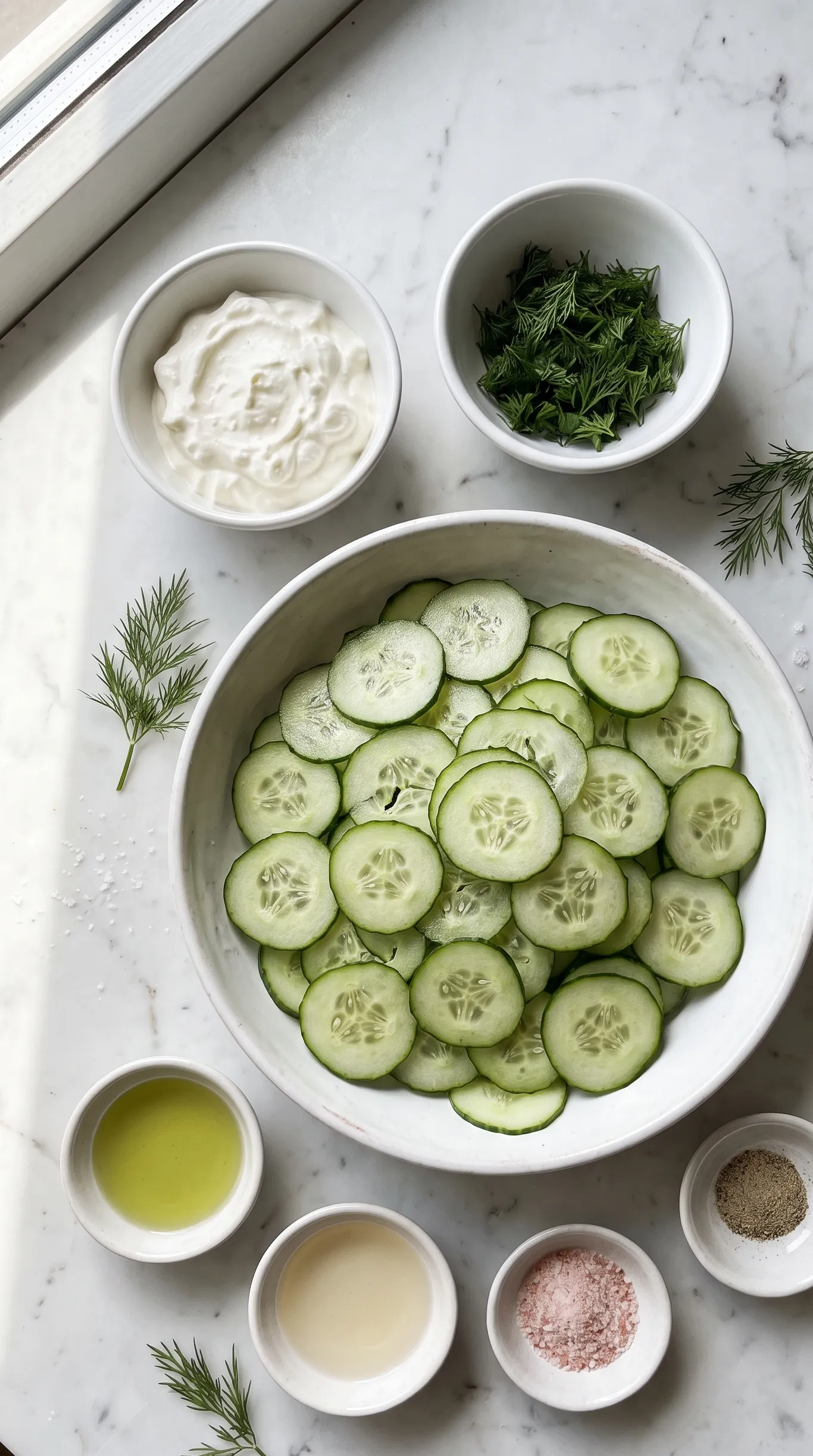 Zutaten für Erfrischenden Keto Gurkensalat: Salatgurken, Sauerrahm und frischer Dill