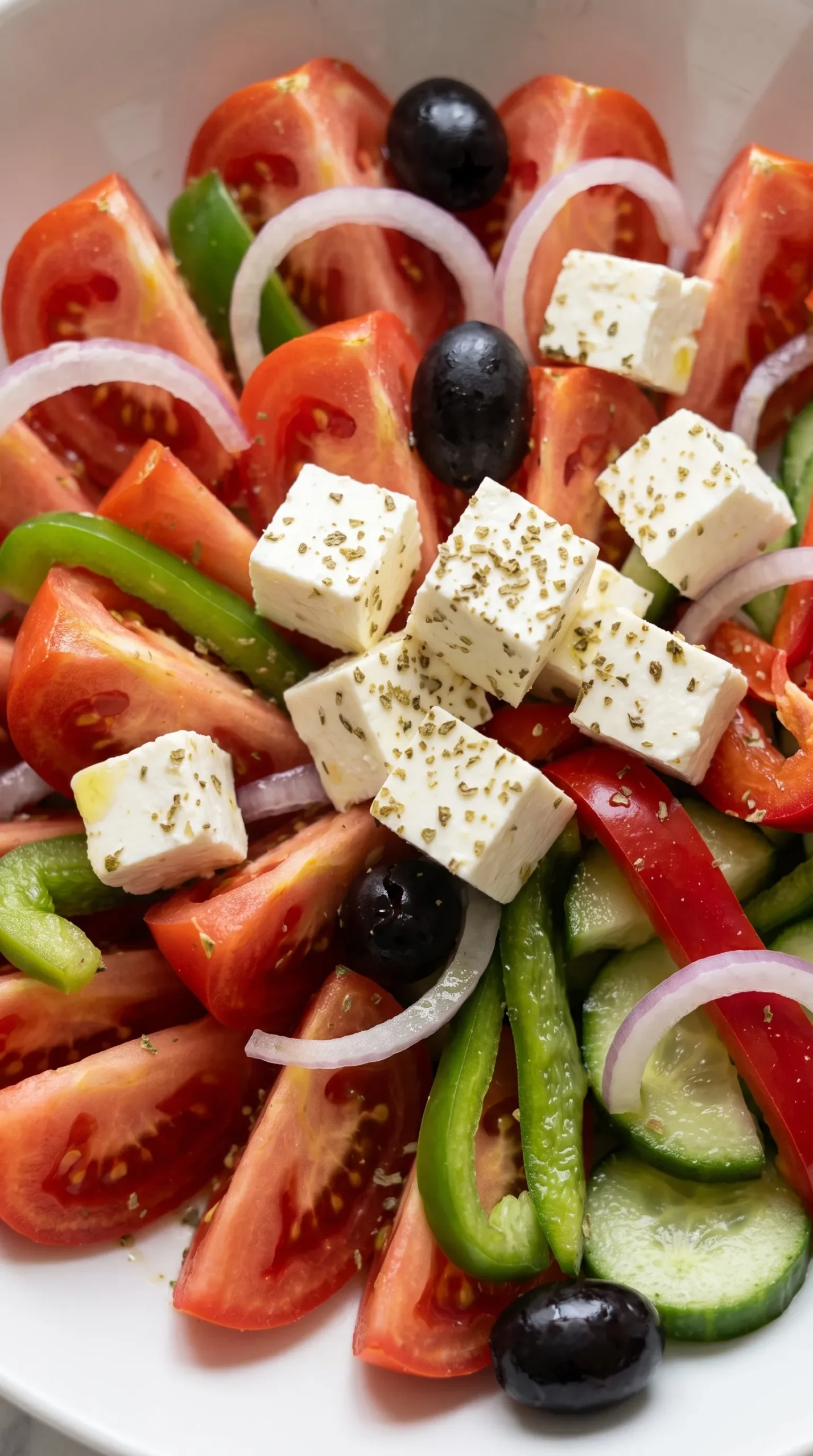 Nahaufnahme von Griechischem Bauernsalat — Feta-Würfel mit Oregano, Tomaten und Oliven