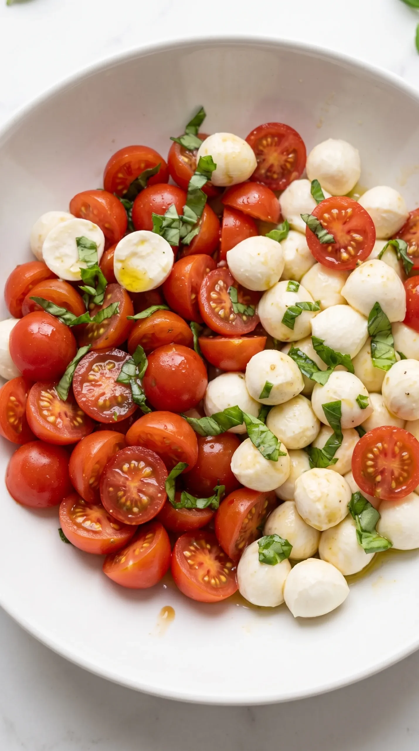 Nahaufnahme von Tomate-Mozzarella-Salat — Mini-Mozzarella, Kirschtomaten und feines Basilikum