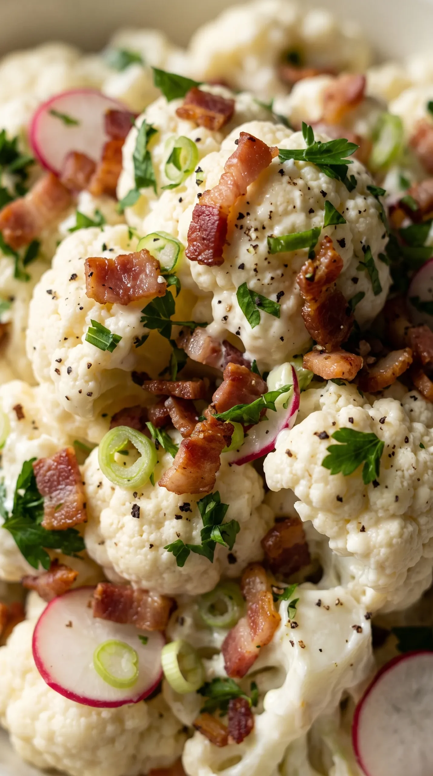 Nahaufnahme von Blumenkohlsalat — cremiges Dressing auf knackigem Blumenkohl