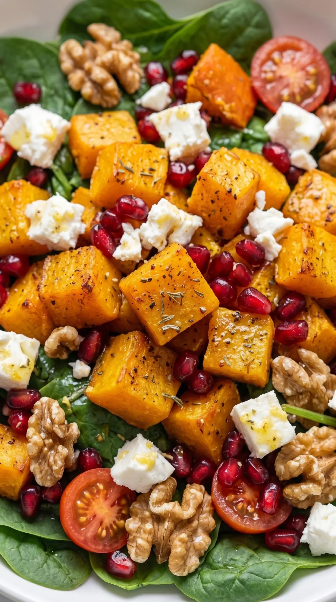 Nahaufnahme von Kürbissalat — gerösteter Hokkaido, Feta und Granatapfel