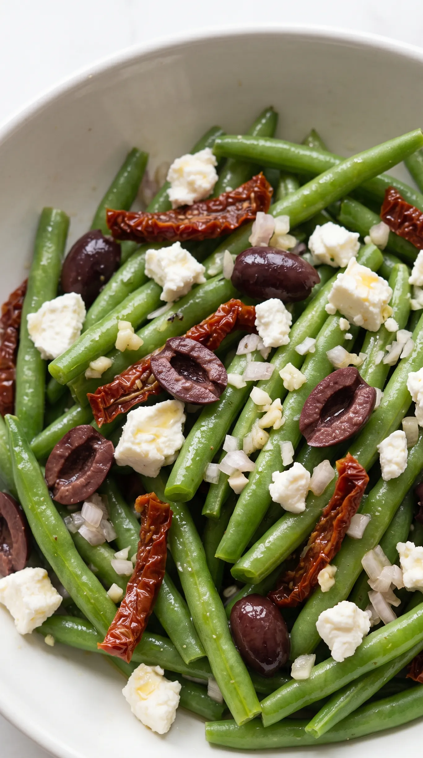 Nahaufnahme von mediterranem Bohnensalat — knackige Bohnen mit Feta und Oliven