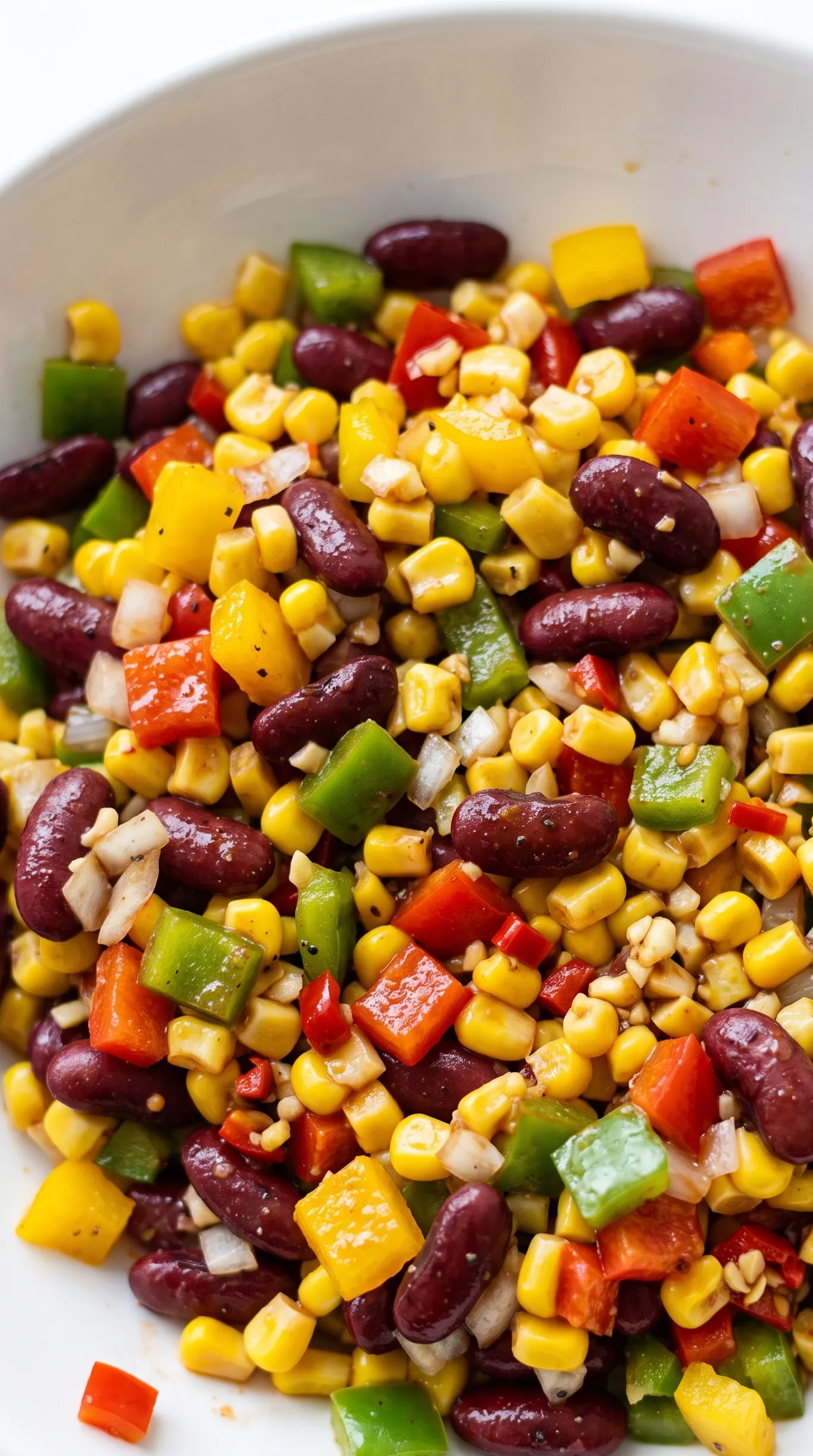 Nahaufnahme von Bohnen-Mais-Salat — glänzende Kidneybohnen, Mais und Paprikawürfel