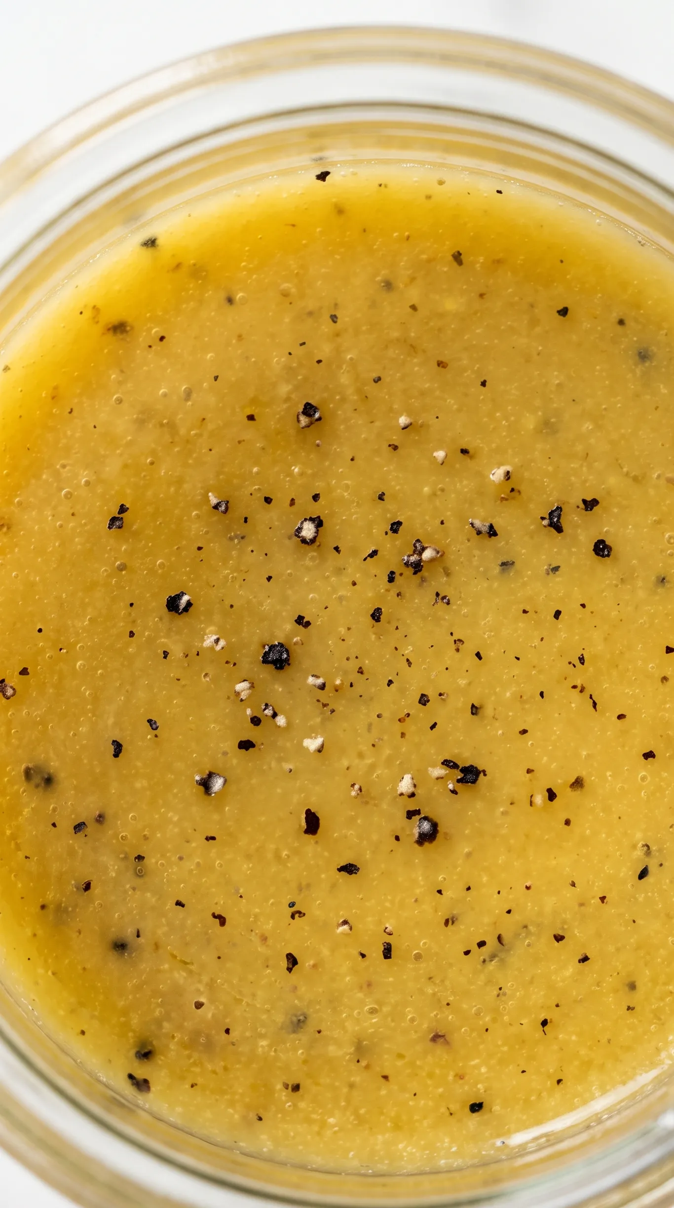 Nahaufnahme von Keto Honig-Senf-Dressing — samtige goldene Emulsion mit schwarzem Pfeffer