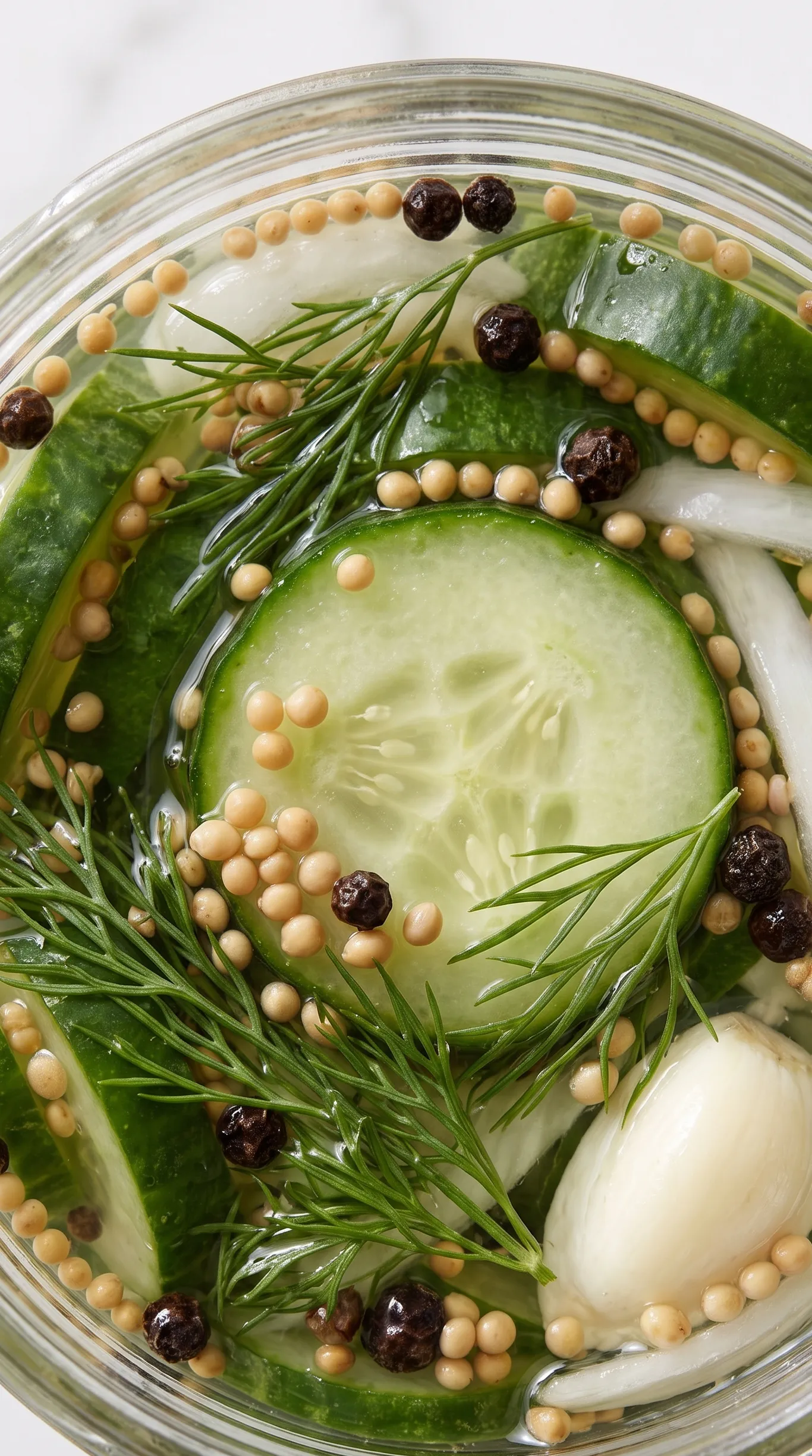 Nahaufnahme von Essiggurken ohne Zucker — eingelegte Gurkenscheiben mit Senfkörnern und Dill
