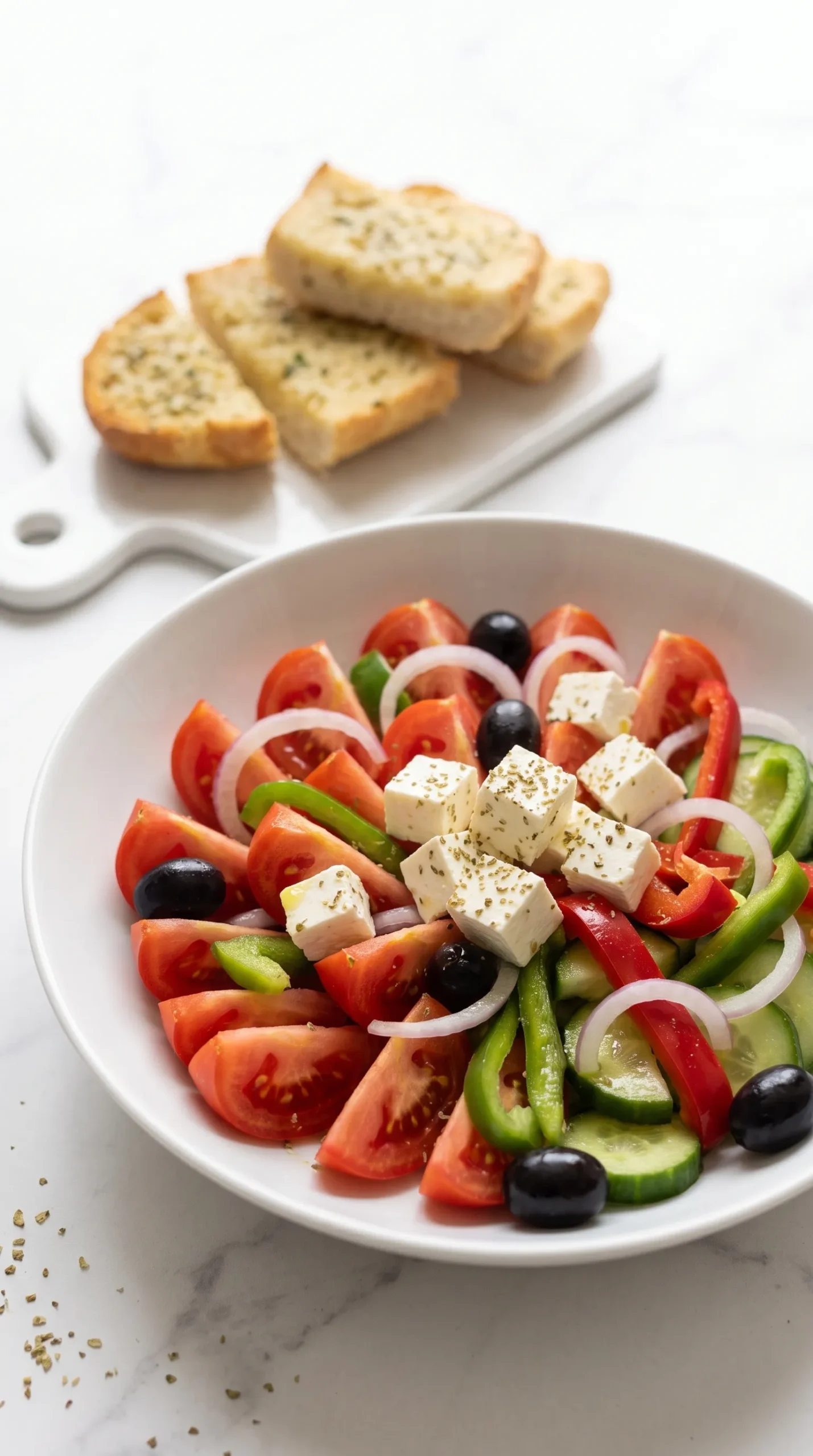 Griechischer Bauernsalat serviert mit Keto-Knoblauchbrot — mediterranes Low-Carb Gericht