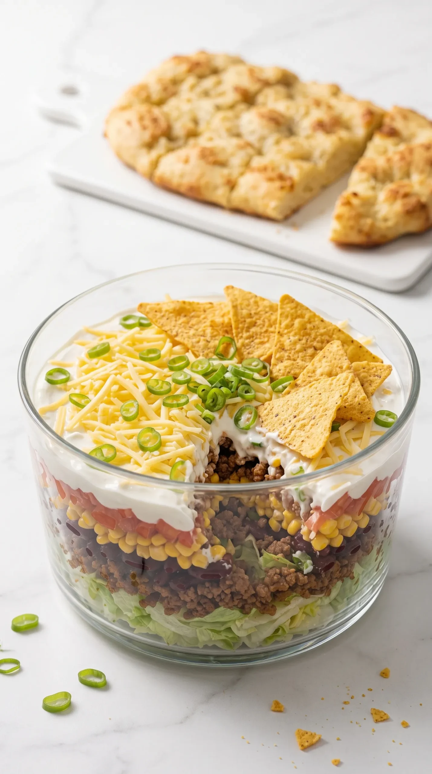 Klassischer Schicht-Taco-Salat serviert mit Keto-Knoblauchbrot — bunter Partysalat im Glas