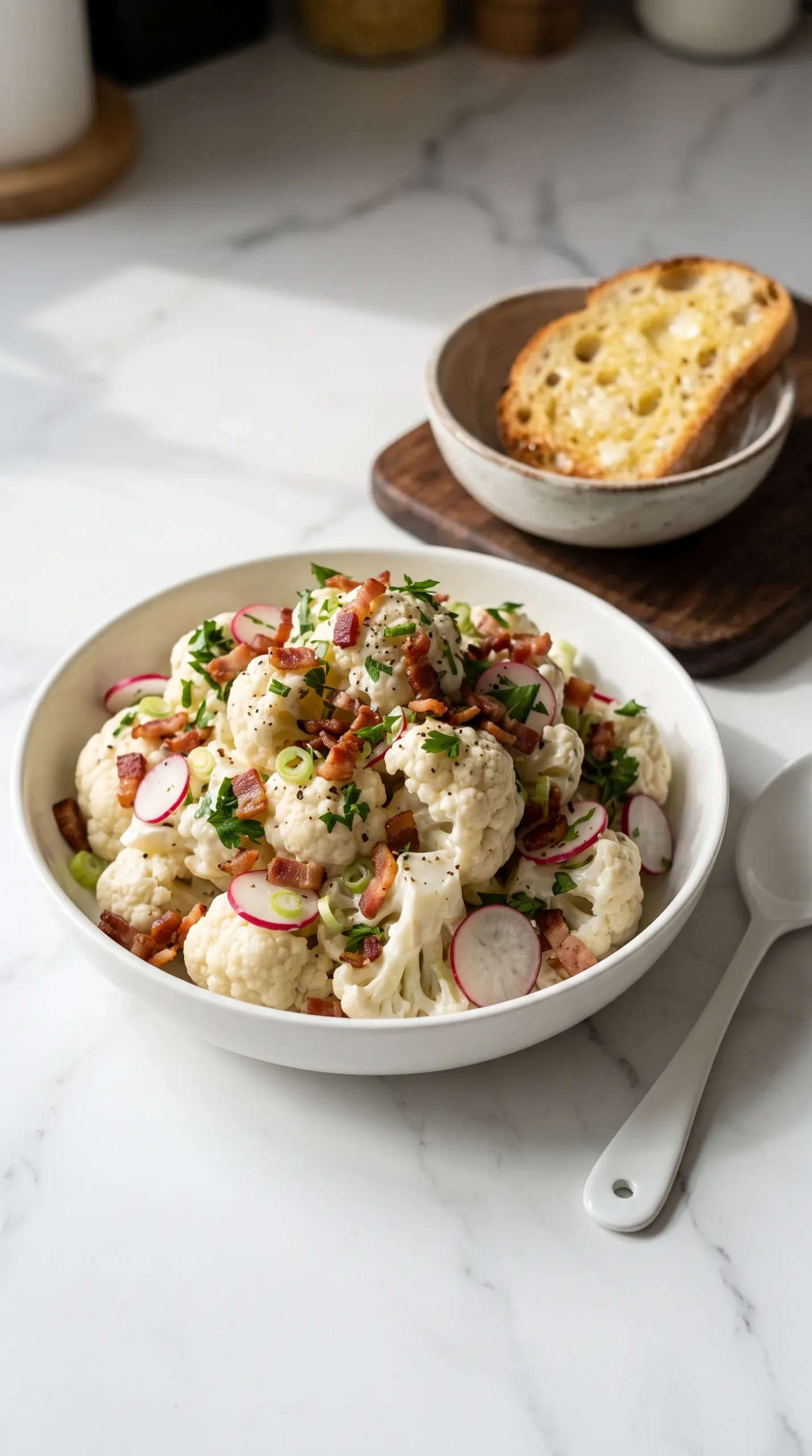 Blumenkohlsalat serviert mit Keto-Knoblauchbrot — angerichtet auf Marmor