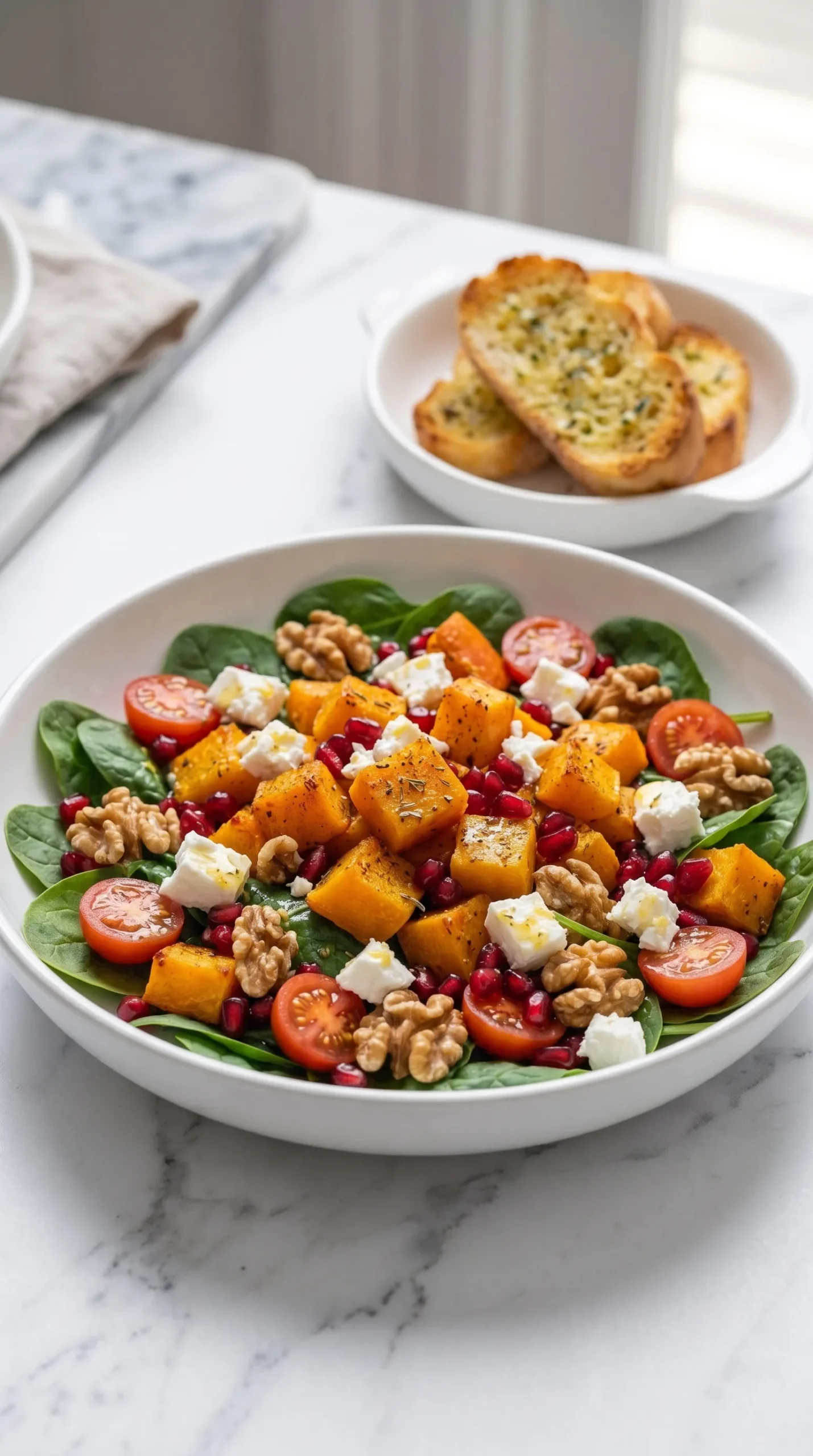 Kürbissalat mit Hokkaido und Feta serviert mit Keto-Knoblauchbrot
