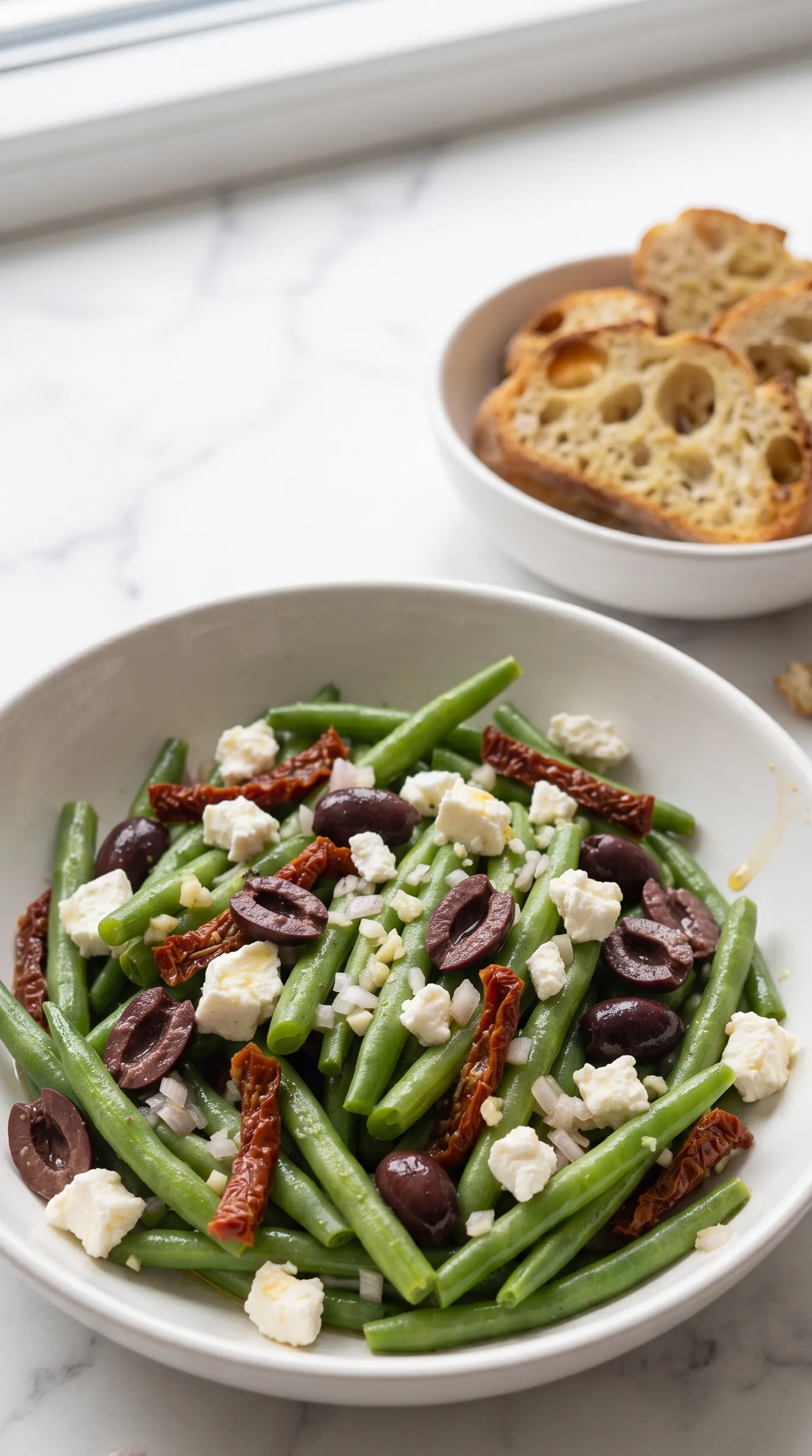 Mediterraner Bohnensalat serviert mit Keto-Knoblauchbrot — sommerliche Low-Carb Mahlzeit