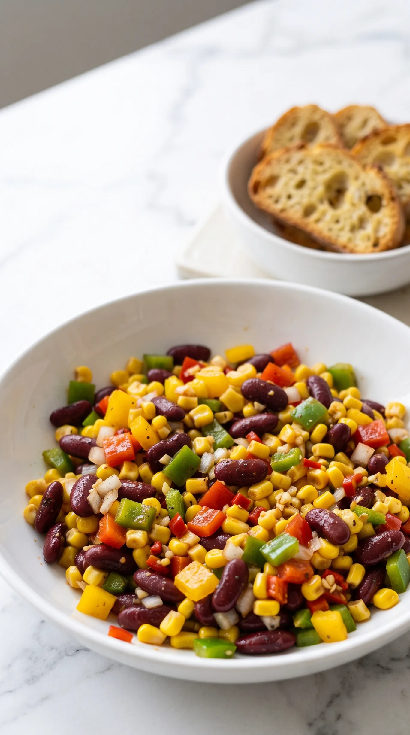 Bohnen-Mais-Salat serviert mit Keto-Knoblauchbrot — schnelles Low-Carb Blitzrezept