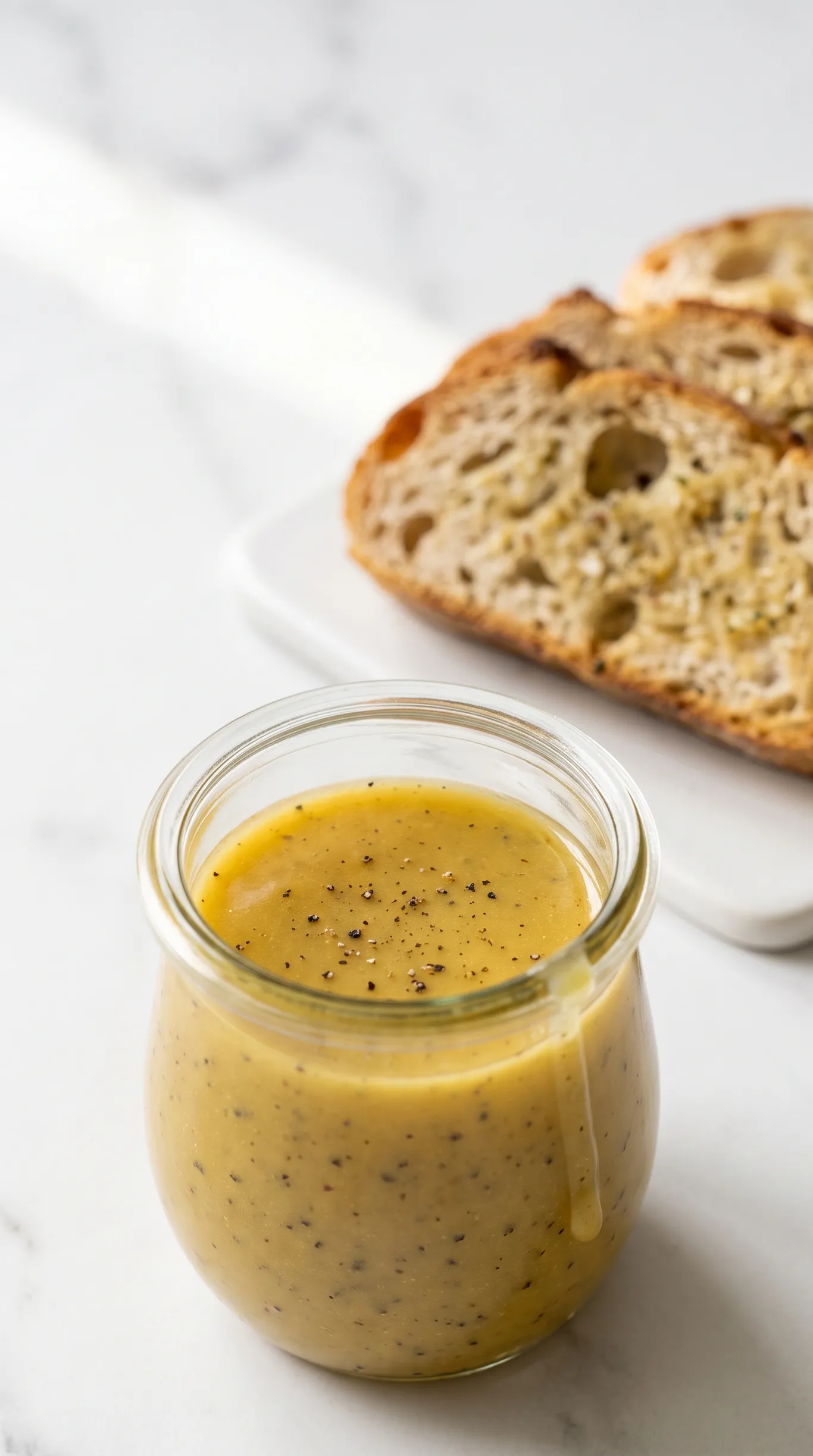 Keto Honig-Senf-Dressing serviert mit Keto-Knoblauchbrot — cremige Salatsauce im Glas