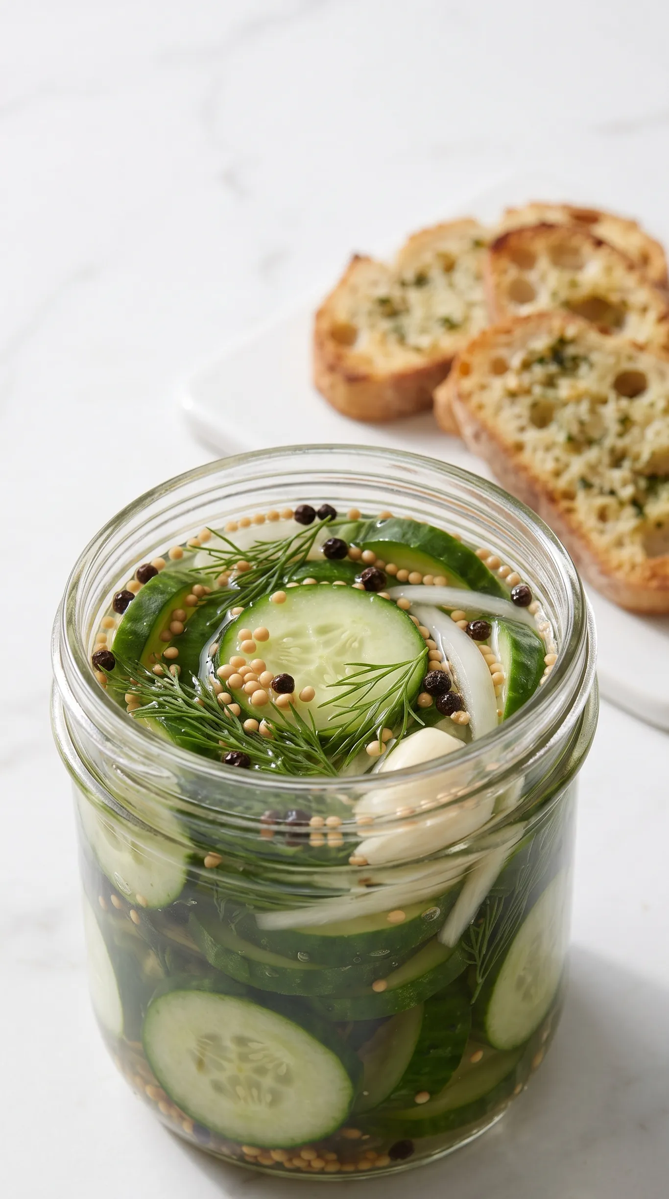 Essiggurken ohne Zucker serviert mit Keto-Knoblauchbrot — eingelegter Low-Carb Vorrat