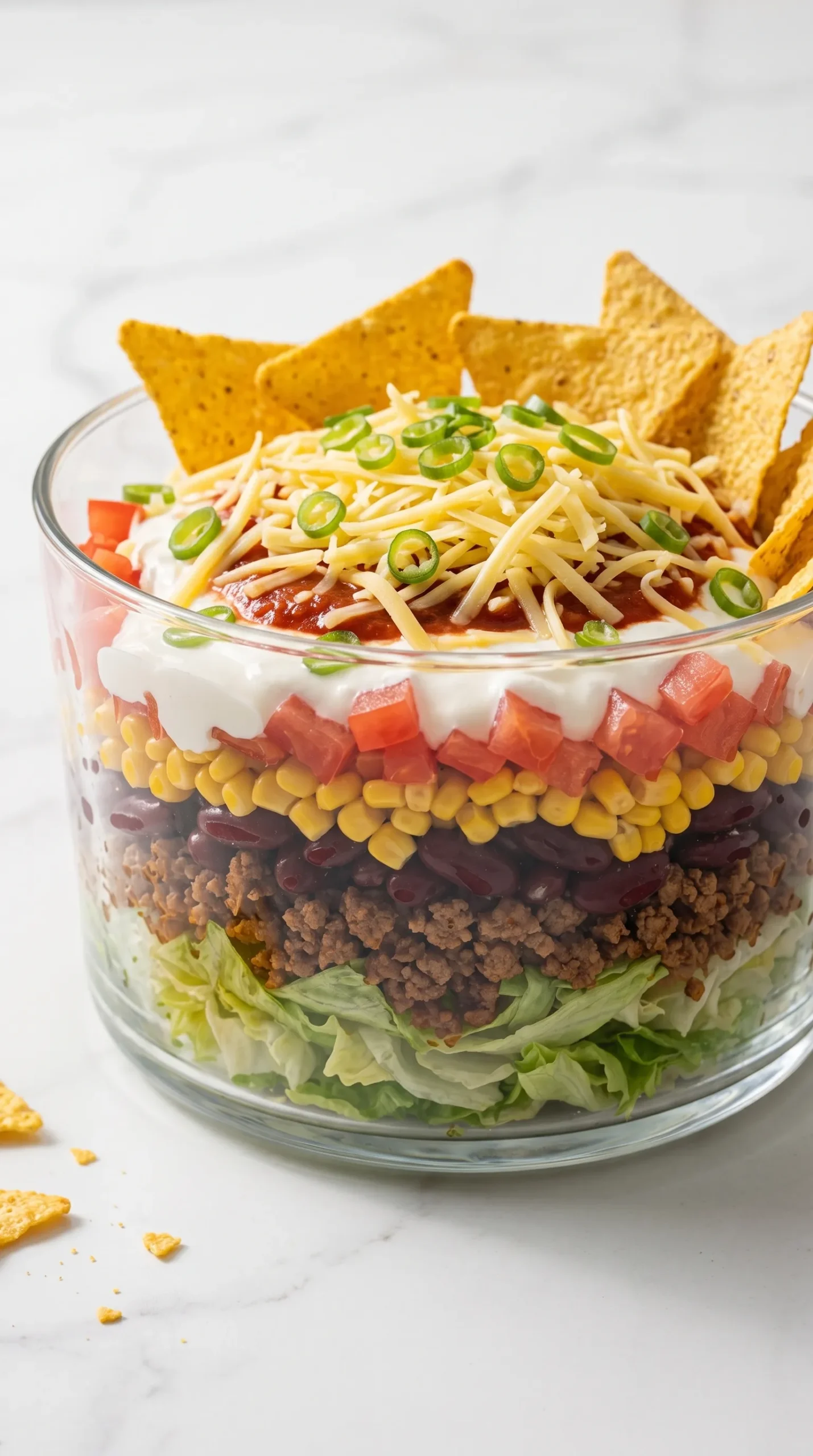 Klassischer Schicht-Taco-Salat kohlenhydratarm — geschichteter Party-Salat mit Hackfleisch