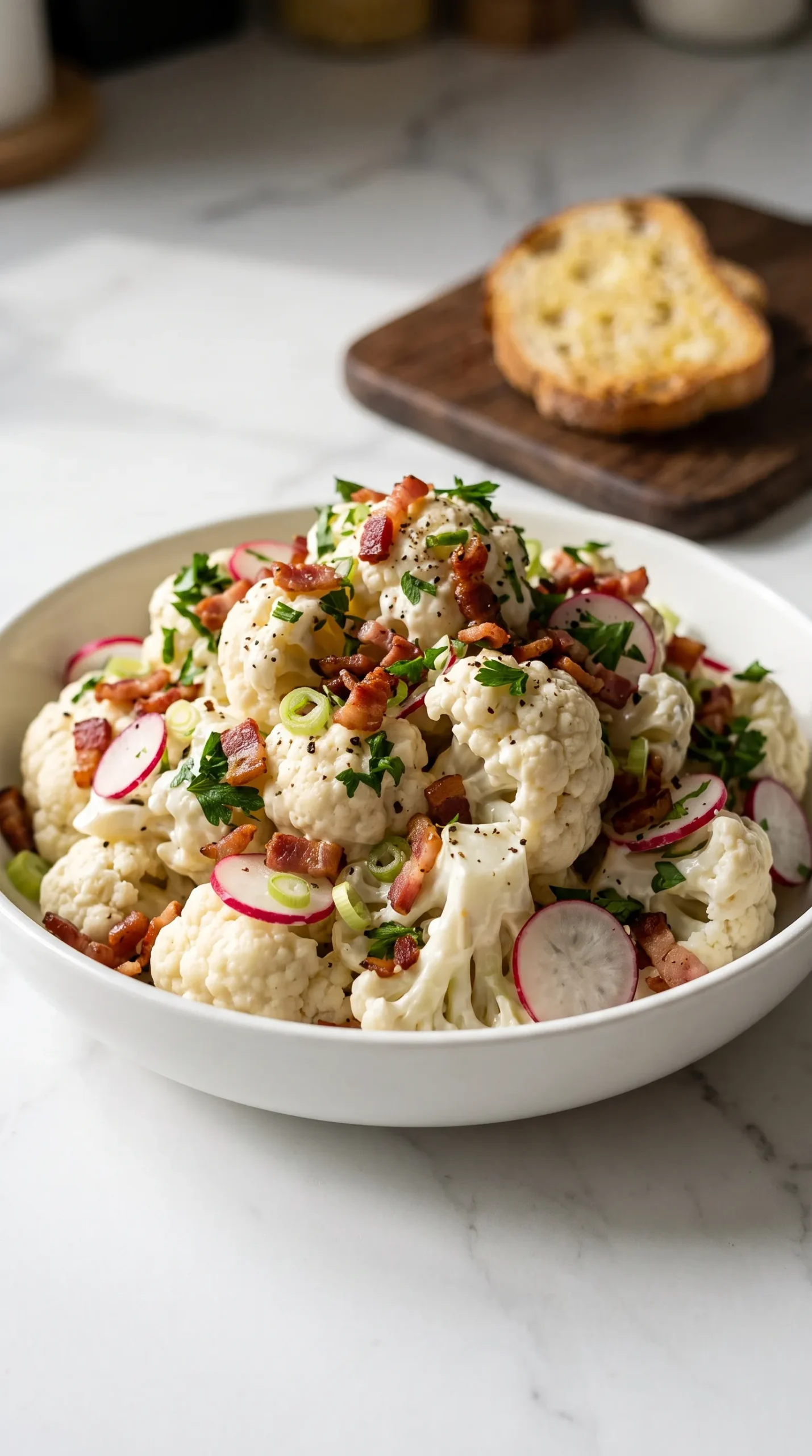Cremiger Blumenkohlsalat Low-Carb Keto kohlenhydratarm — frisches Gemüse und Speck