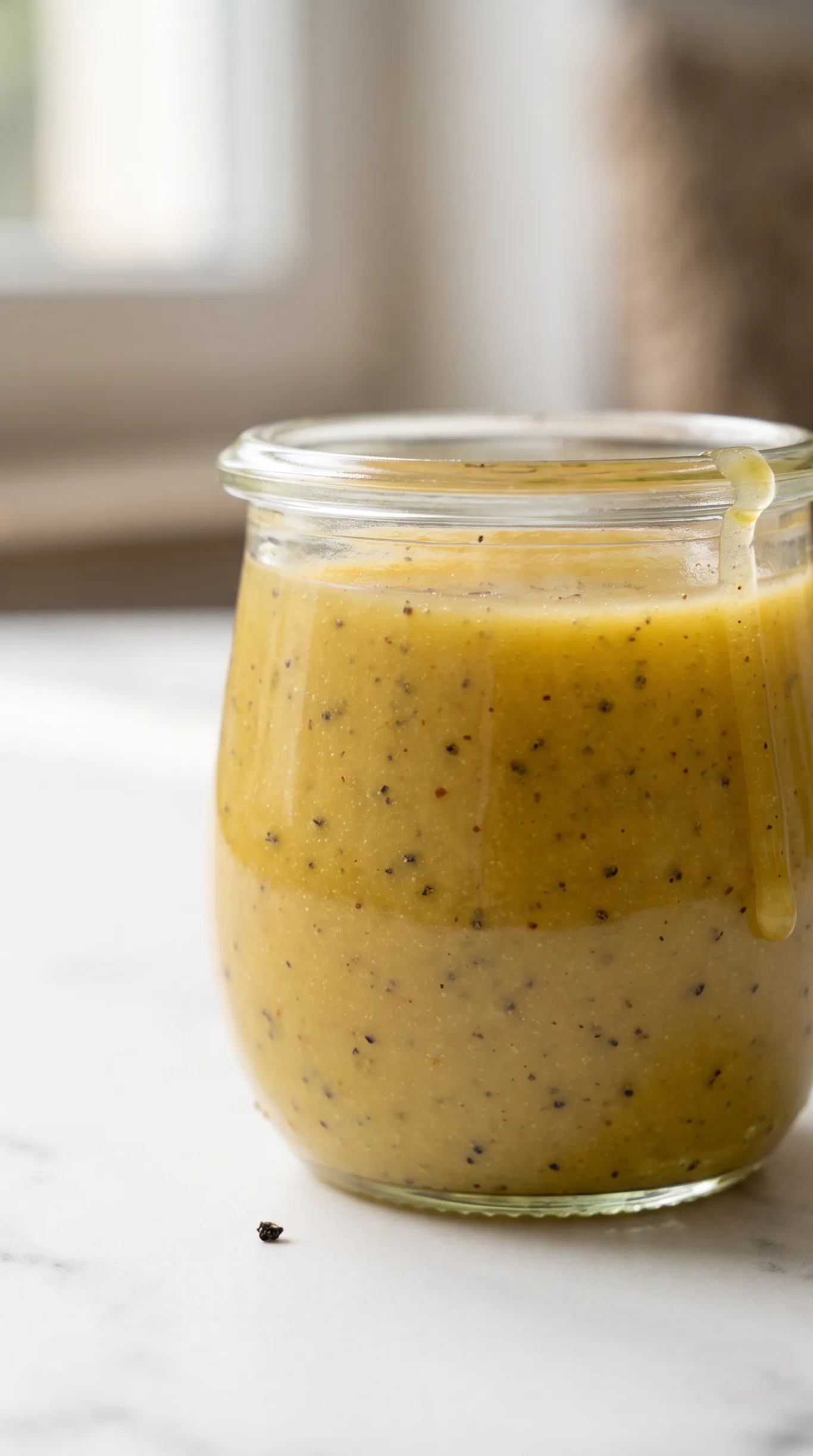 Keto Honig-Senf-Dressing kohlenhydratarm — cremige Vinaigrette im Glas ohne Zucker