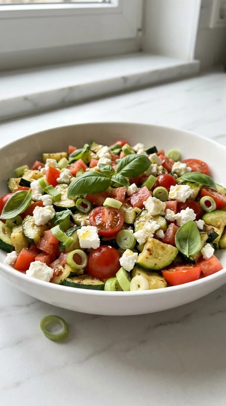 Frischer Keto Tomaten-Zucchini-Salat mit Feta — bunter Low-Carb Sommersalat