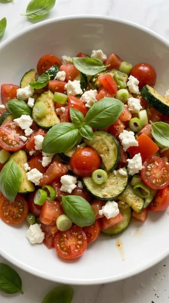 Nahaufnahme von Keto Tomaten-Zucchini-Salat — frische Tomaten, angebratene Zucchini und Feta