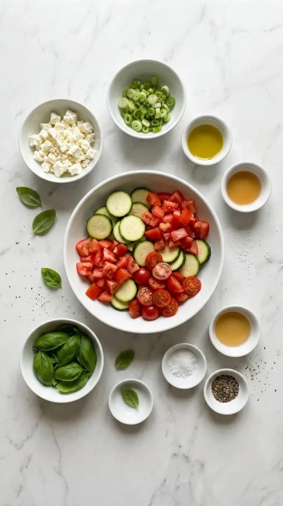 Zutaten für Frischer Keto Tomaten-Zucchini-Salat: Zucchini, Tomaten, Kirschtomaten, Feta, Frühlingszwiebeln und Basilikum