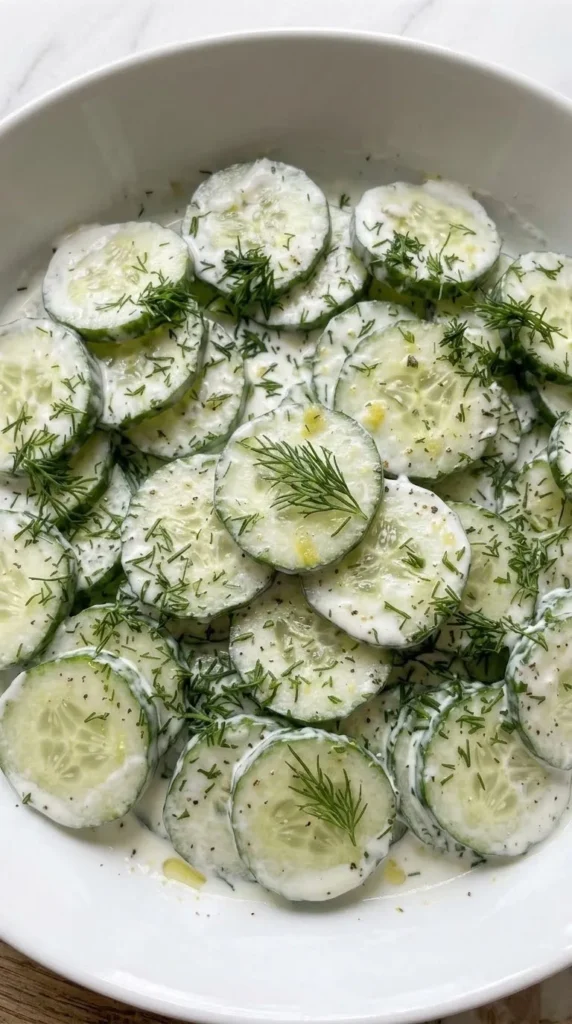 Nahaufnahme von Kalorienarmer Gurkensalat — cremiges Joghurt-Dressing mit feinem Dill auf knackigen Gurken