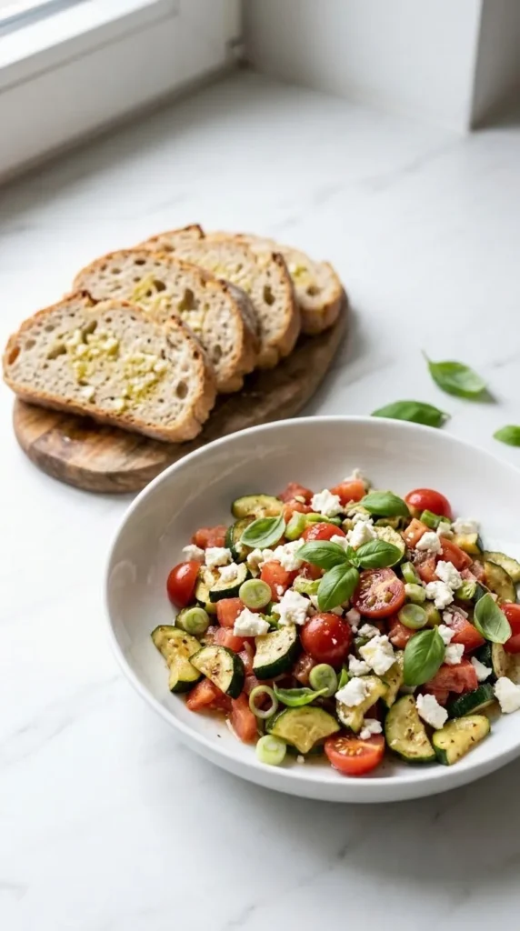 Frischer Keto Tomaten-Zucchini-Salat serviert mit Keto-Knoblauchbrot — leichte Low-Carb Mahlzeit