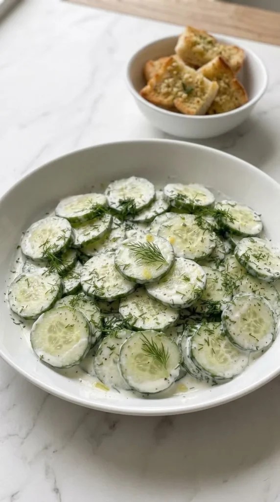 Kalorienarmer Gurkensalat serviert mit Keto-Knoblauchbrot — Beilagensalat auf Marmoroberfläche