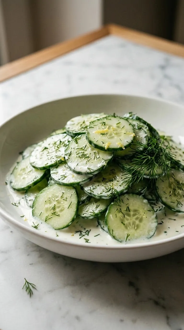 Kalorienarmer Gurkensalat kohlenhydratarm — frische Gurkenscheiben in cremigem Dill-Joghurt-Dressing