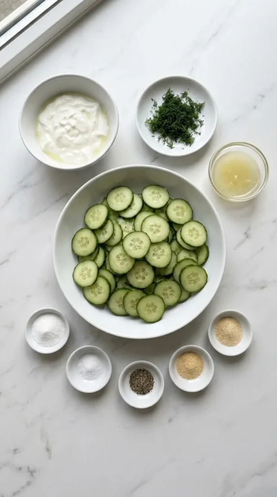 Zutaten für Kalorienarmer Gurkensalat: Salatgurke, griechischer Joghurt und frischer Dill